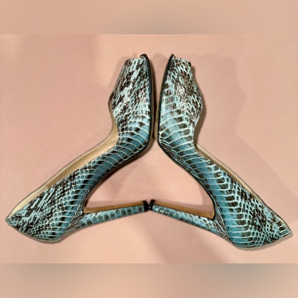 Manolo Blahnik Teal Snake-Print Open-Toe Stiletto Heels - Picture 5 of 10
